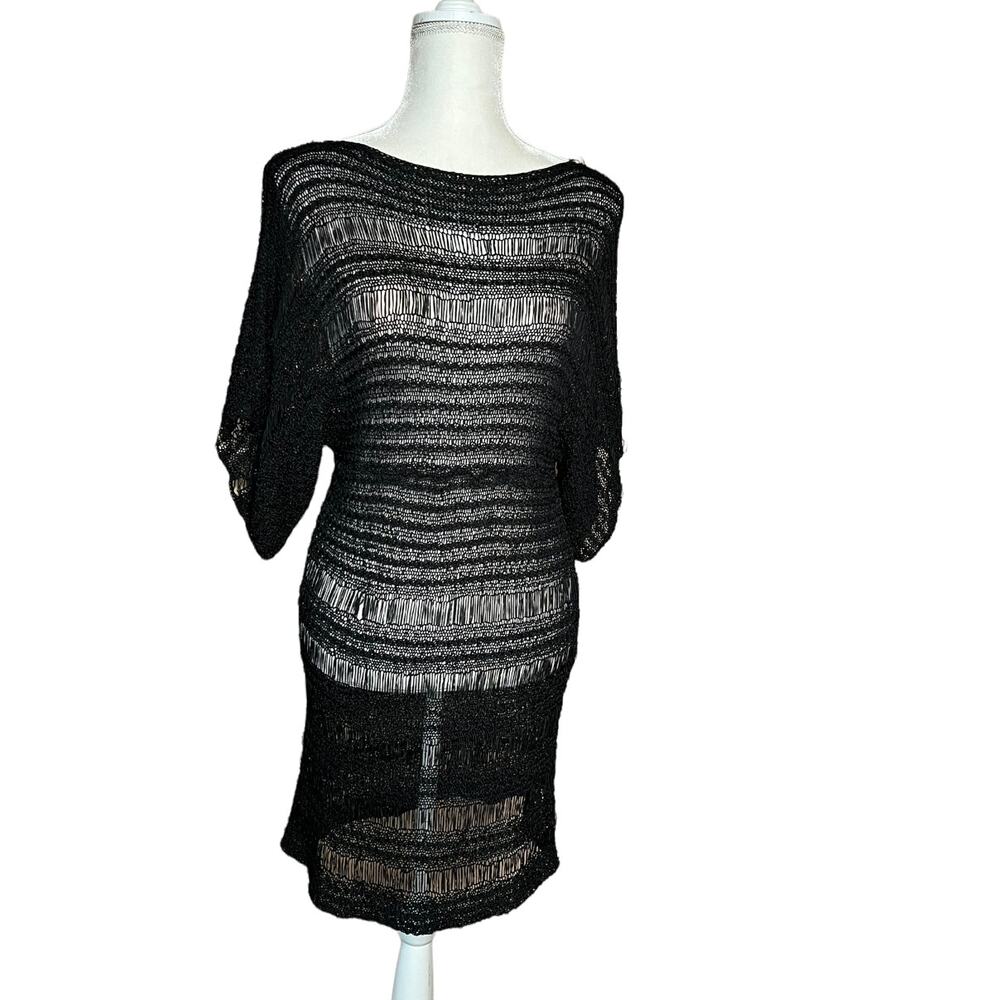 Coalition Black Open Knit Crochet Shift Dress Sheer Boho Swim Cover Up M/L